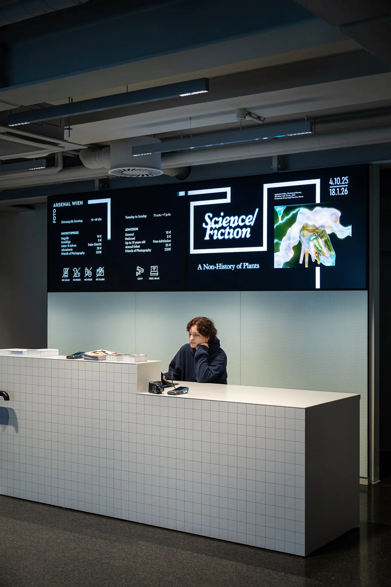 Reception desk in the foyer – FOTO WIEN at Foto Arsenal Wien, October 2025